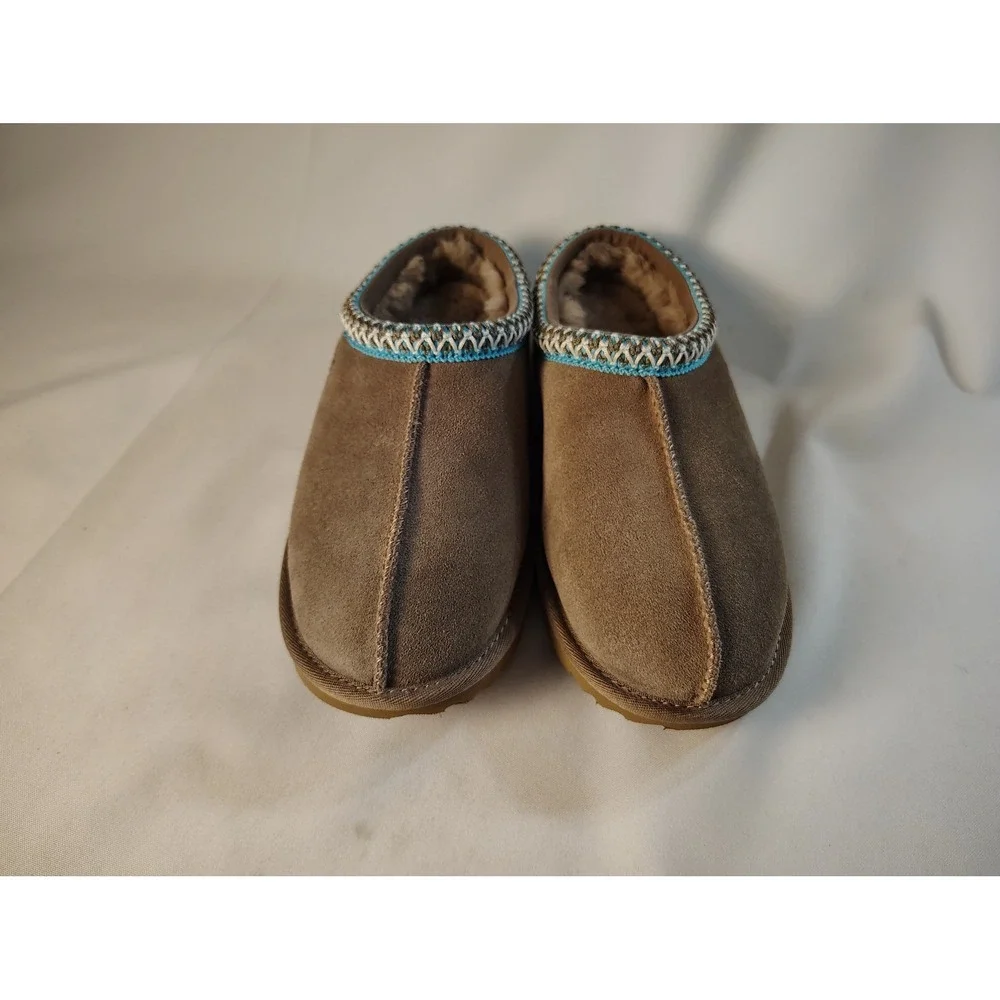 UGG Kids Tasman Chestnut Suede Slip On Slippers Blue Braid Embroidery Shoes 5